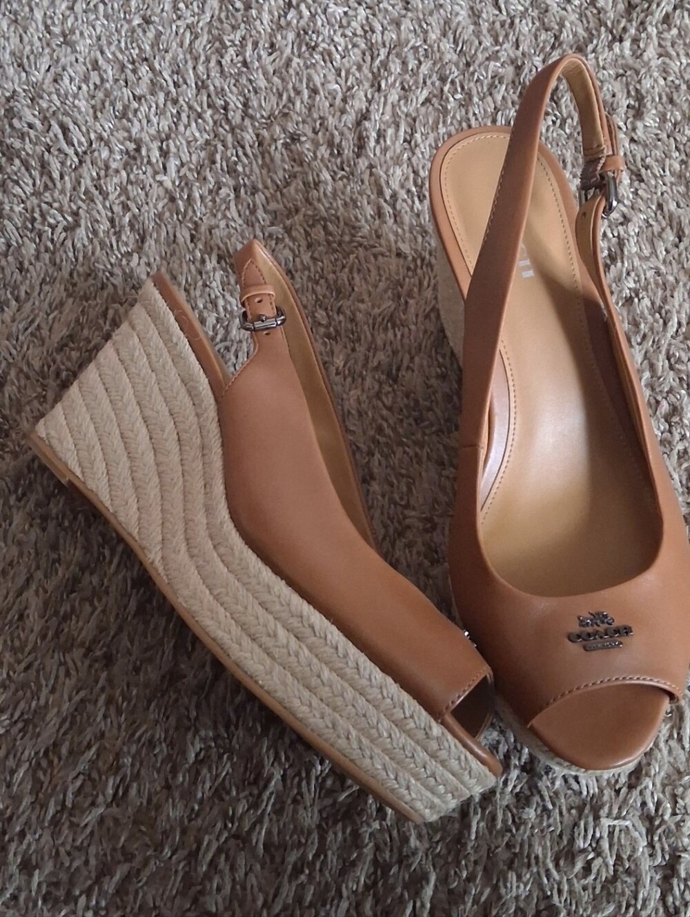 Coach Leather Tan Wedge Slingback Peep-Toe Sandals